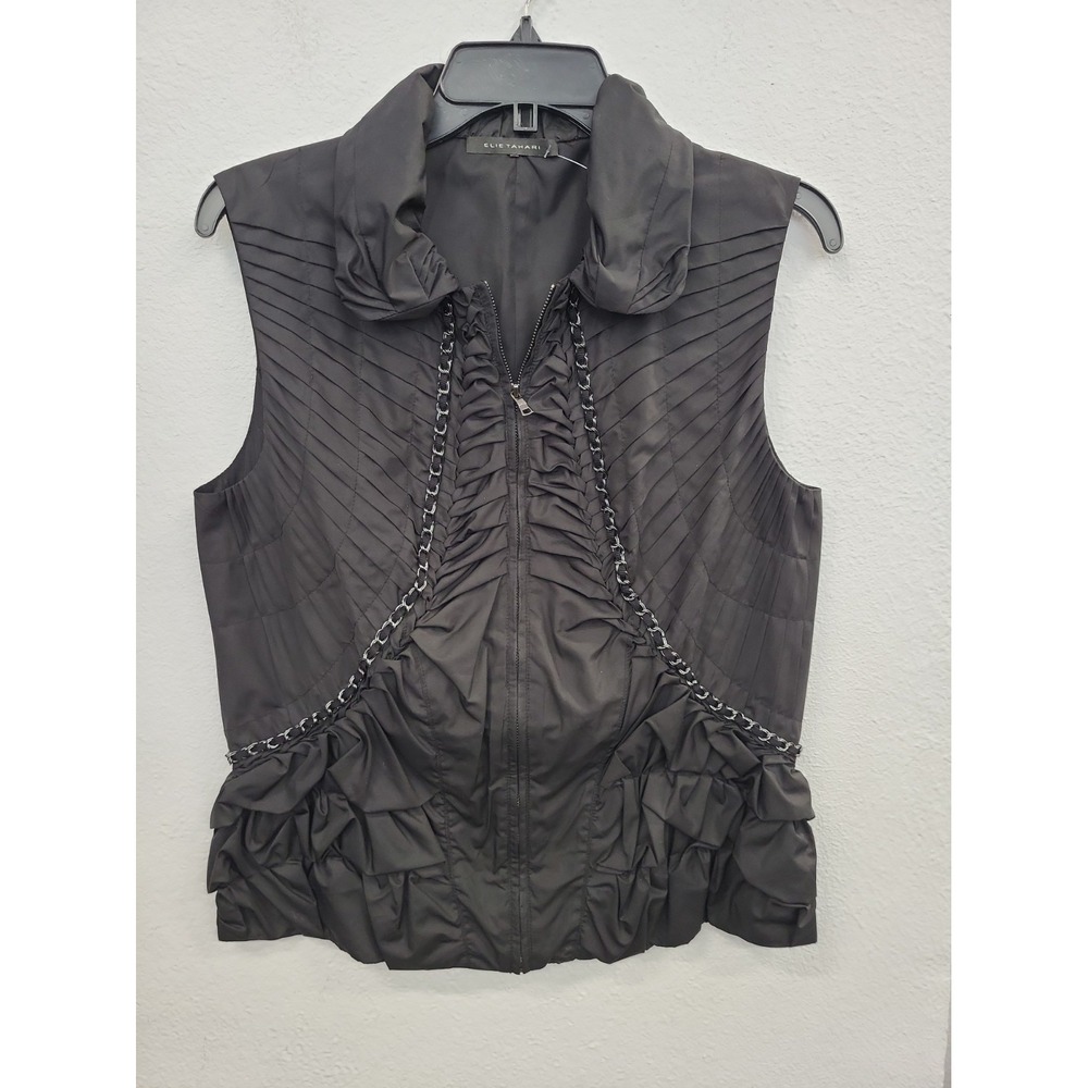 Elie Tahari Full Zip Ruched Ruffle Vest, Black, Size Medium